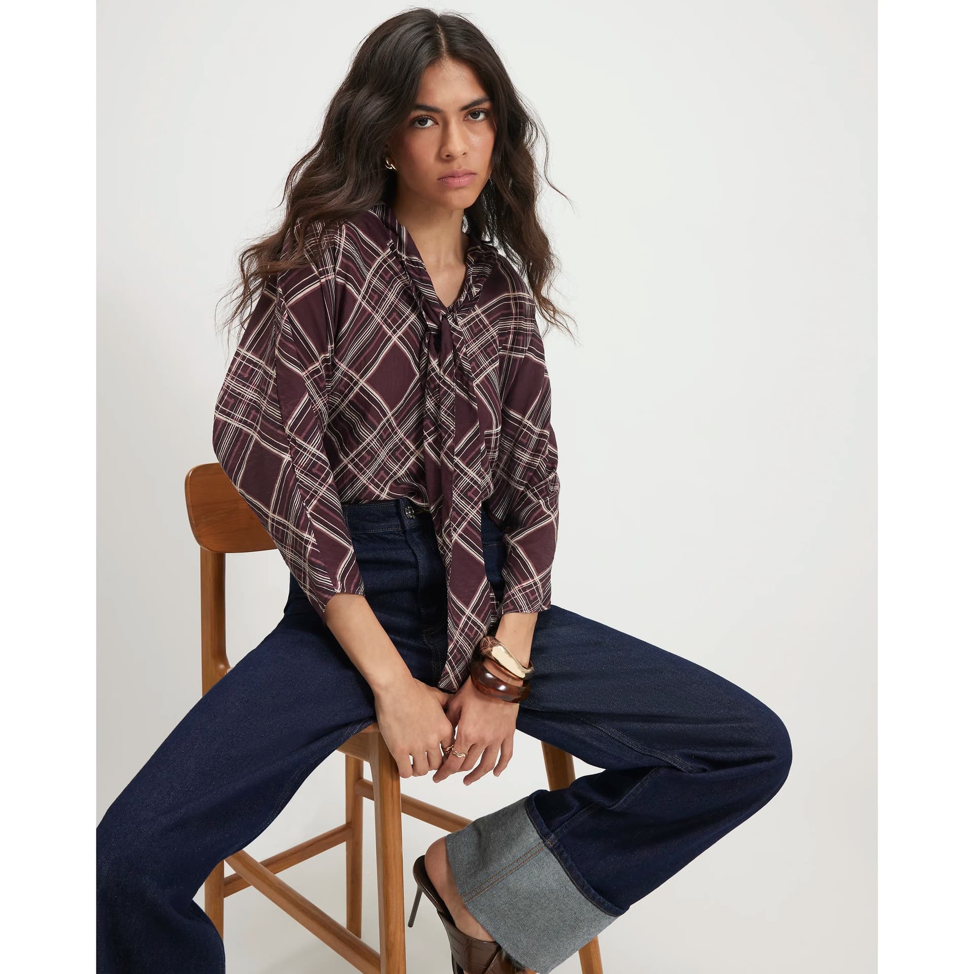 River Island River Island Womens Purple Check Print Pussybow Blouse
