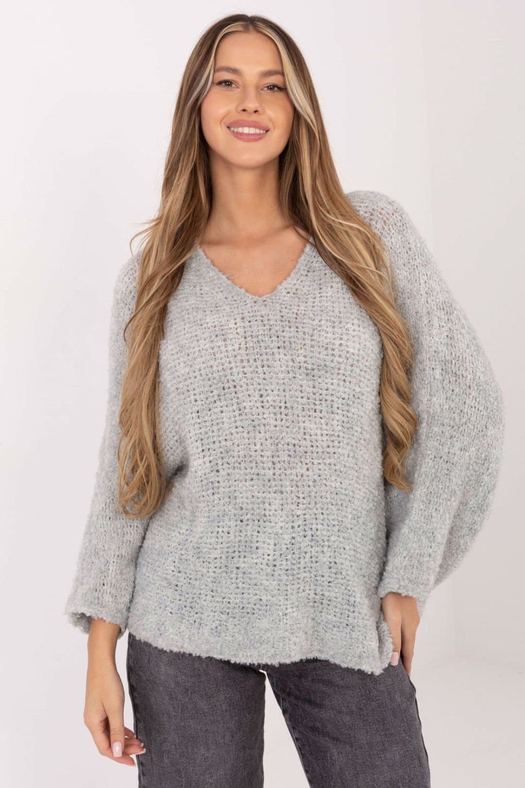 Love Lace Love Lace Women's Boucle V Neck Puff Sleeve Sweater Style 223089 in Grey