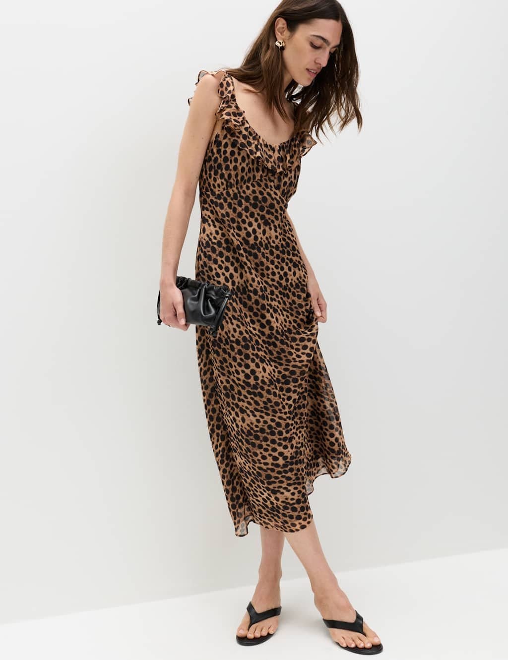 M&S Leopard Print Ruffle Midi Dress Brown Mix