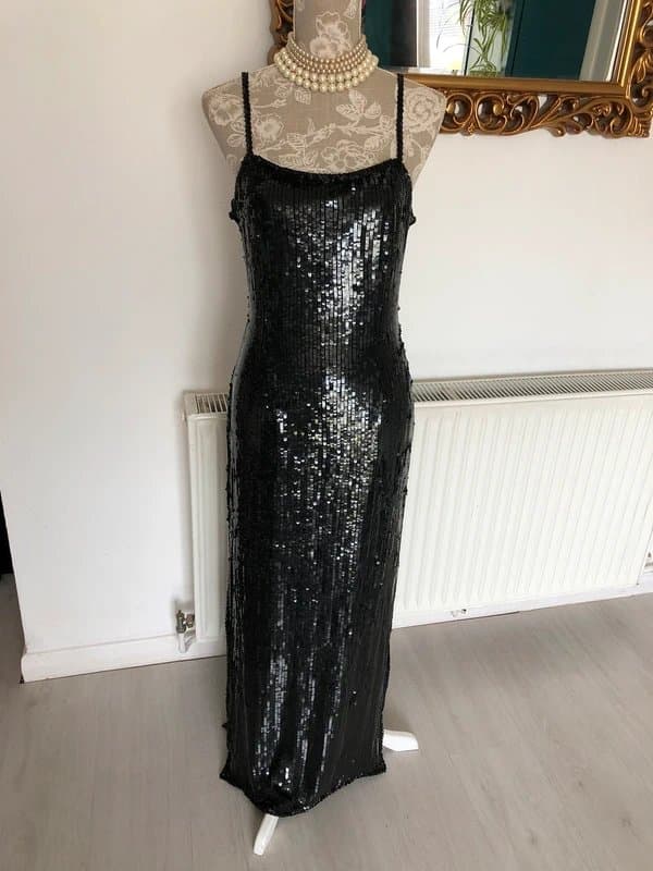 After SIx Vintage Y2K Silk 100 % Black Beaded Evening Cocktail Dress