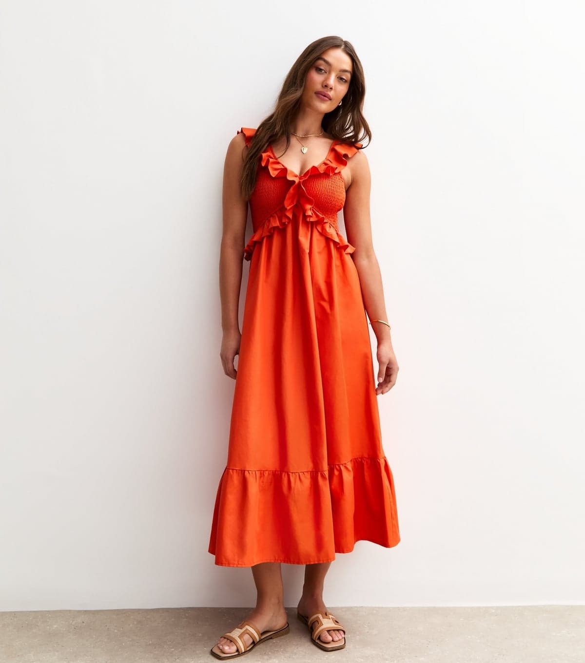 New Look Women's Orange Ruffle Trim Tiered Hem Midi Dress New Look