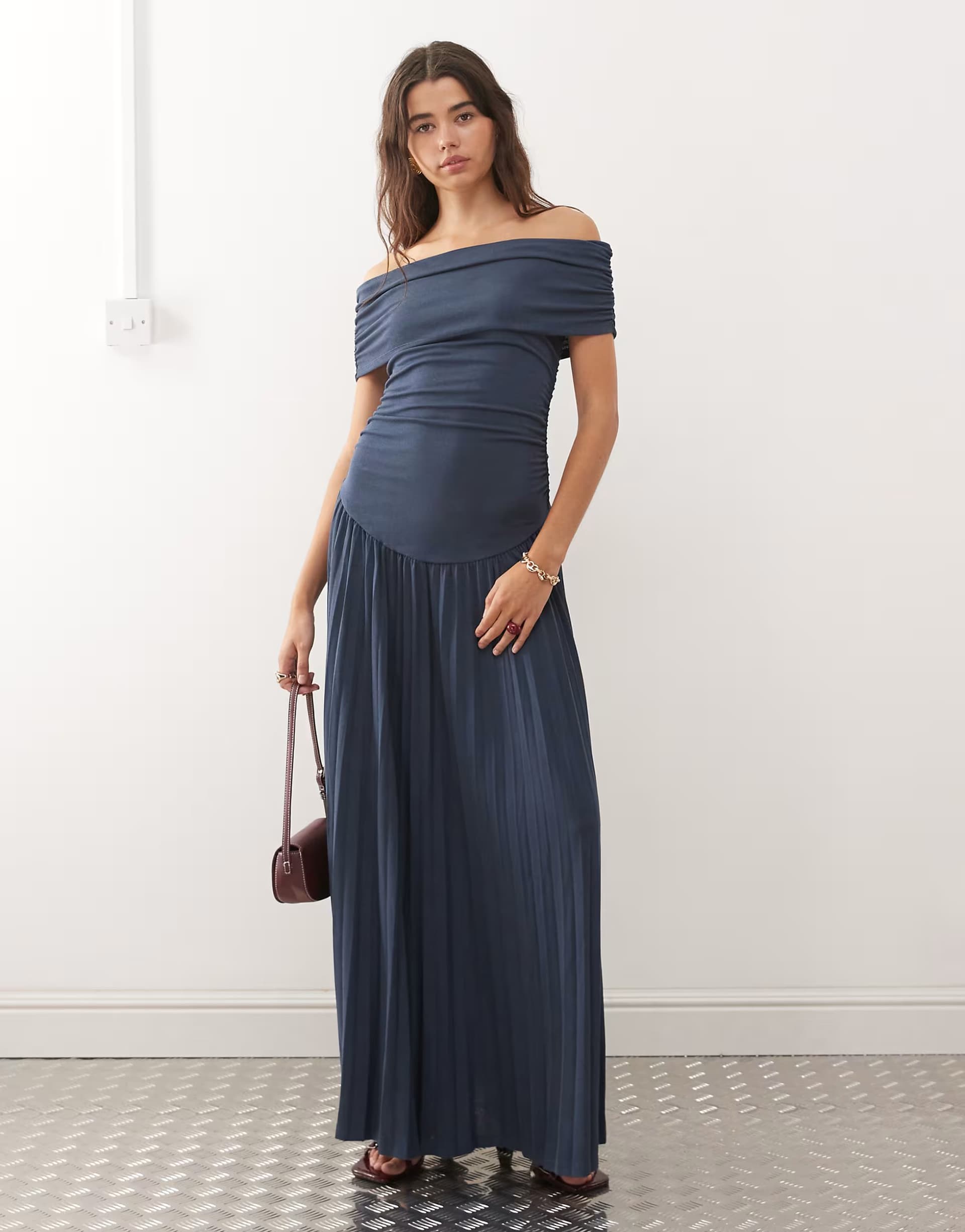 ASOS Lioness Field of Dreams foldover bardot ruched drop waist pleated maxi dress in navy