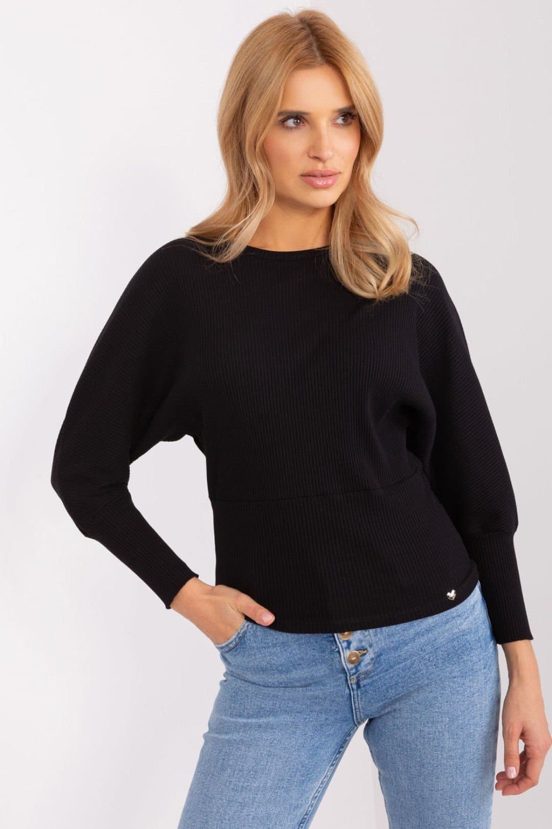 Love Lace Love Lace Women's Airy Cotton Batwing Sleeve Ribbed Blouse in Black