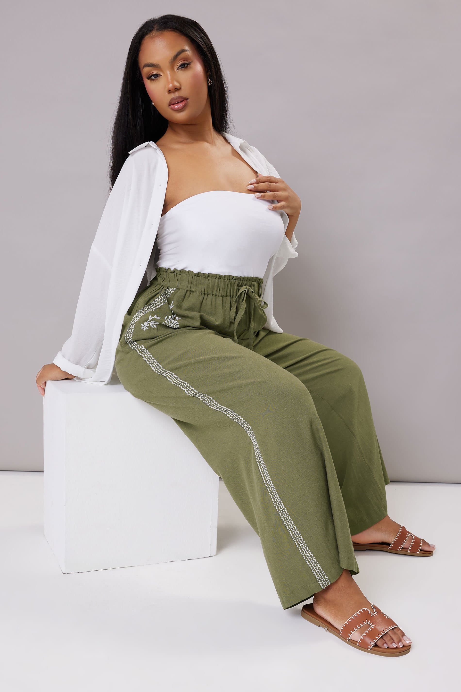 Yours Plus Size Khaki Green Embroidery Wide Leg Trousers