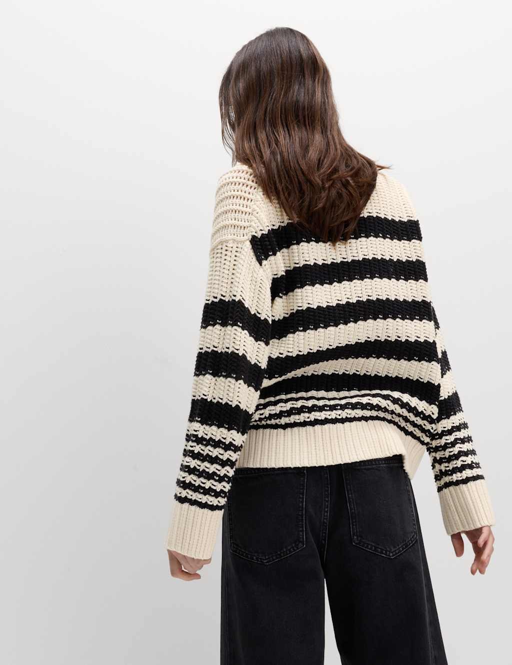 Marks & Spencer M&S Cotton Rich Striped Relaxed Jumper Black Mix - 2