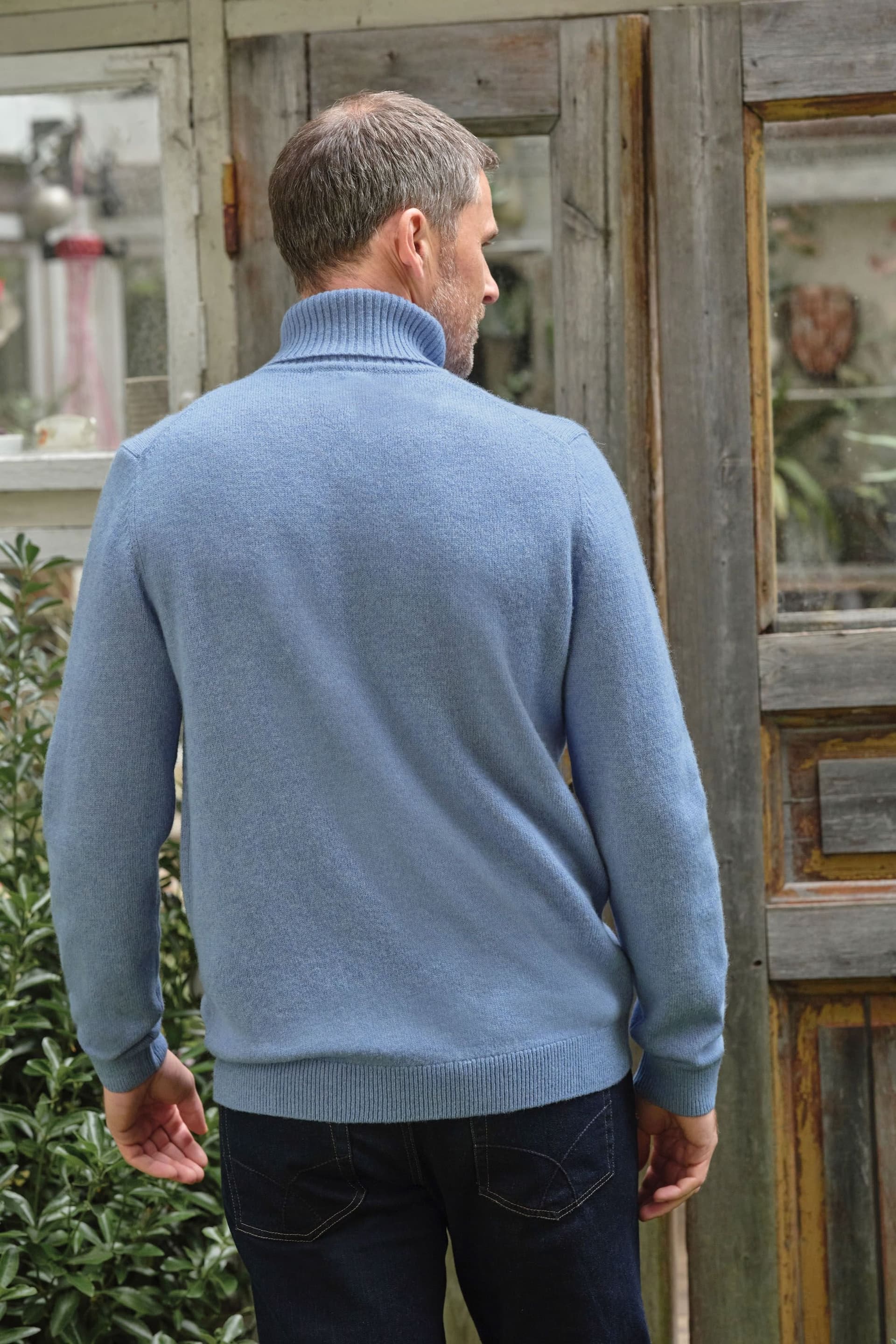 WoolOvers WoolOvers Men's Mens Lambswool Polo Neck Jumper in Light Blue