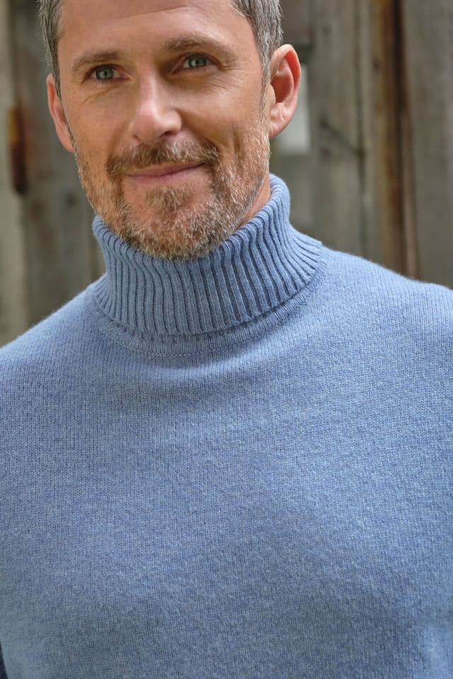 WoolOvers WoolOvers Men's Mens Lambswool Polo Neck Jumper in Light Blue - 3