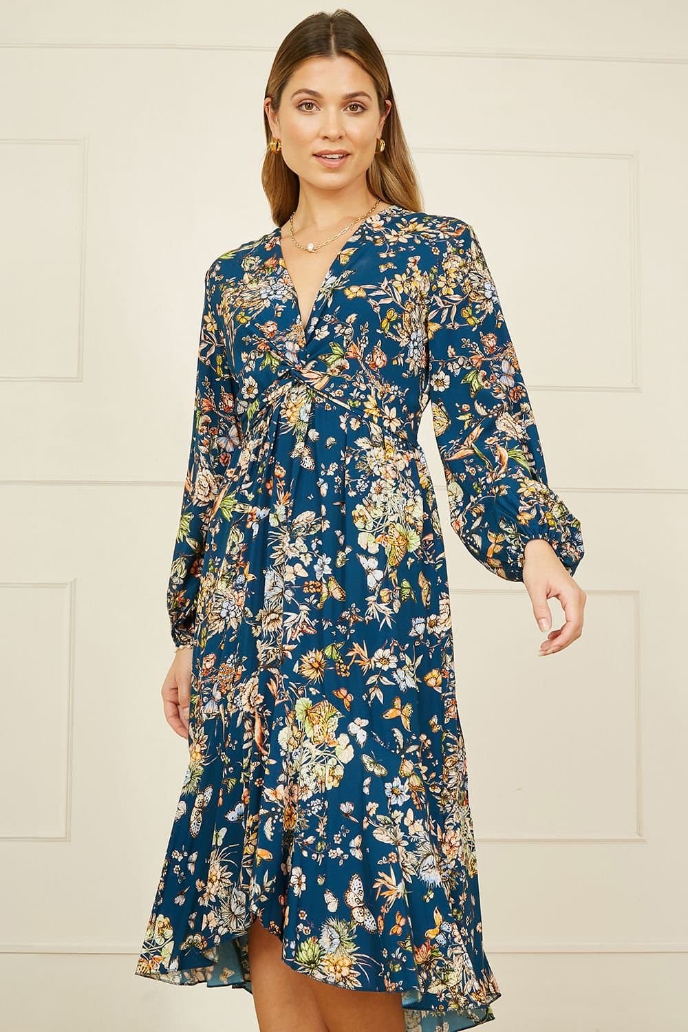 Yumi Yumi Women's Blue Butterly Floral Tie Knot Front Long Sleeve Midi Dress in Navy