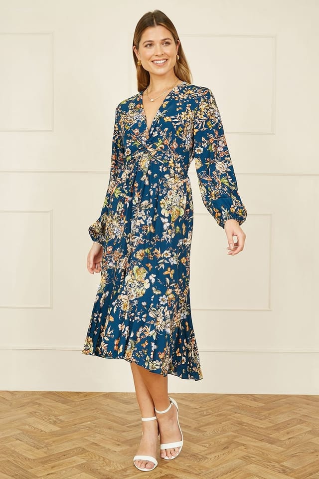 Yumi Yumi Women's Blue Butterly Floral Tie Knot Front Long Sleeve Midi Dress in Navy - 2