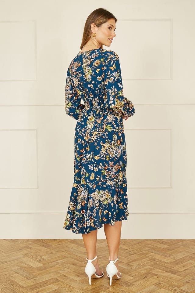 Yumi Yumi Women's Blue Butterly Floral Tie Knot Front Long Sleeve Midi Dress in Navy - 3