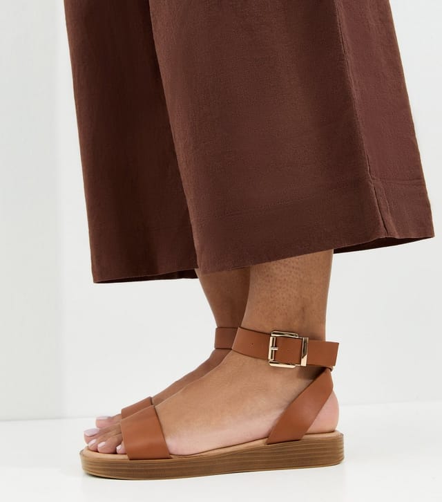 New Look Women's Tan Faux Leather Wide Strap Sandals Vegan New Look - 2
