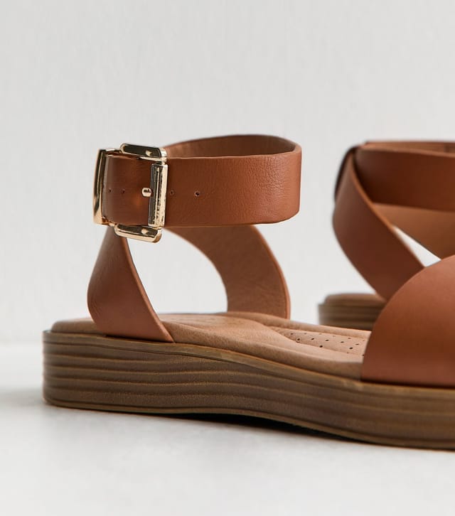 New Look Women's Tan Faux Leather Wide Strap Sandals Vegan New Look - 3