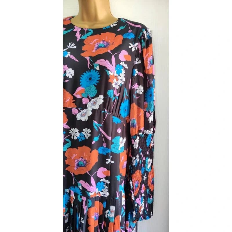 Warehouse Warehouse Multicolour Floral Low Waist Pleated Midi Dress 80's Style Size 12