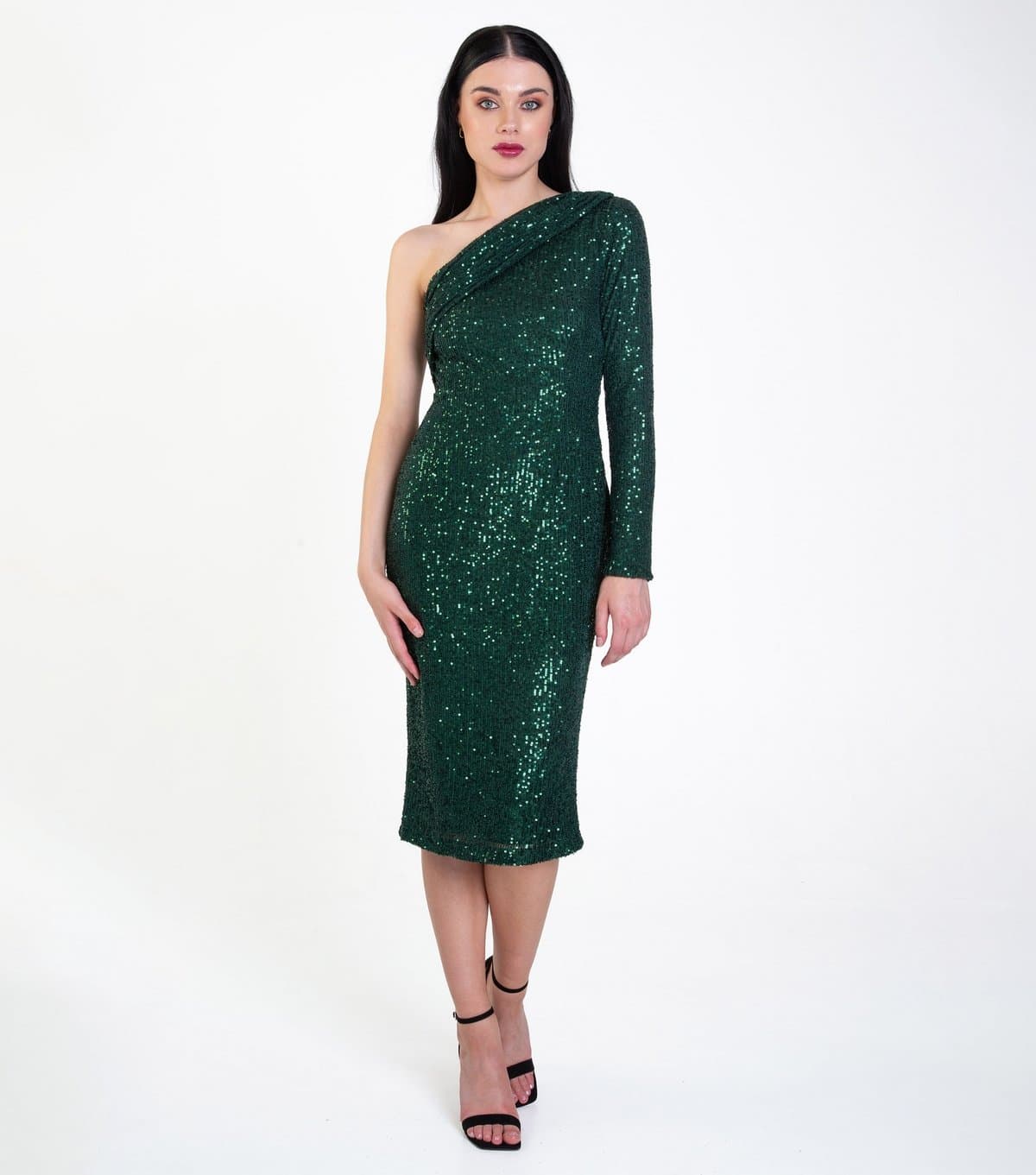 Gini London Women's Green Sequin One Shoulder Midi Bodycon Dress Gini London New Look