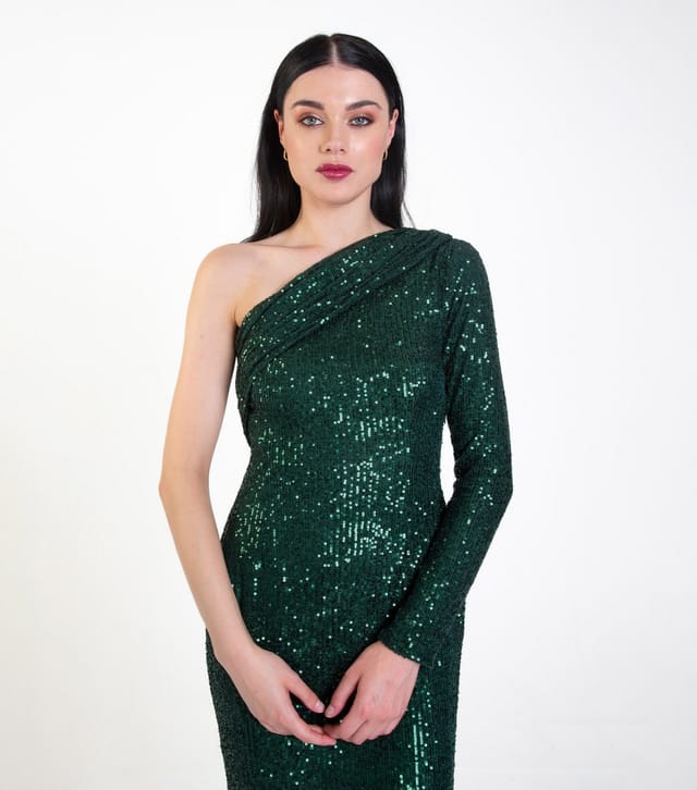 Gini London Women's Green Sequin One Shoulder Midi Bodycon Dress Gini London New Look - 2