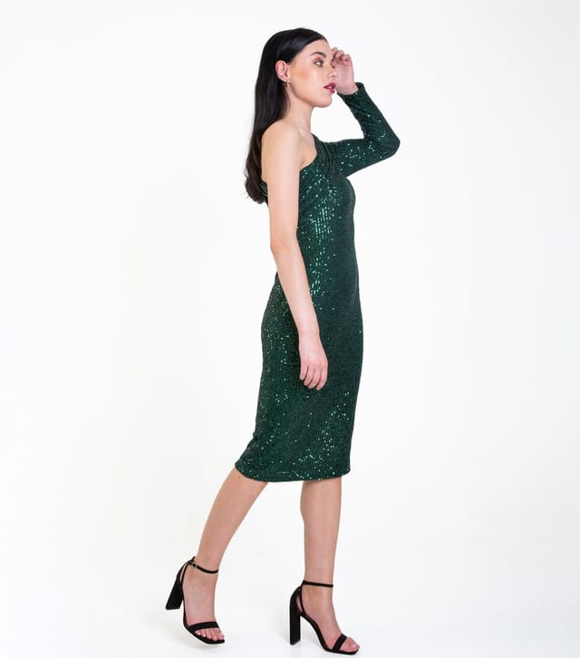 Gini London Women's Green Sequin One Shoulder Midi Bodycon Dress Gini London New Look - 3