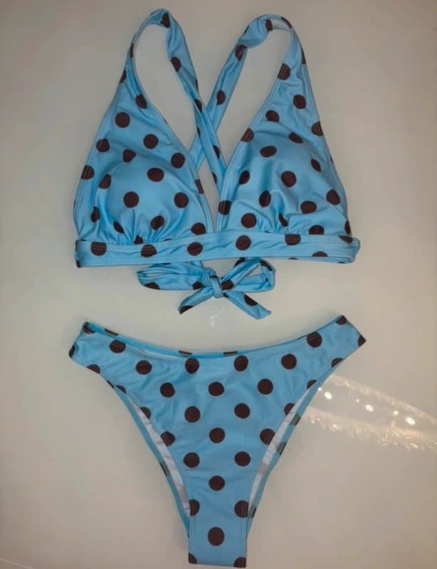 Shein 10 - 12 uk New SoLD OUT polka dot blue & brown bikini set crossover back spotted top & bottoms
