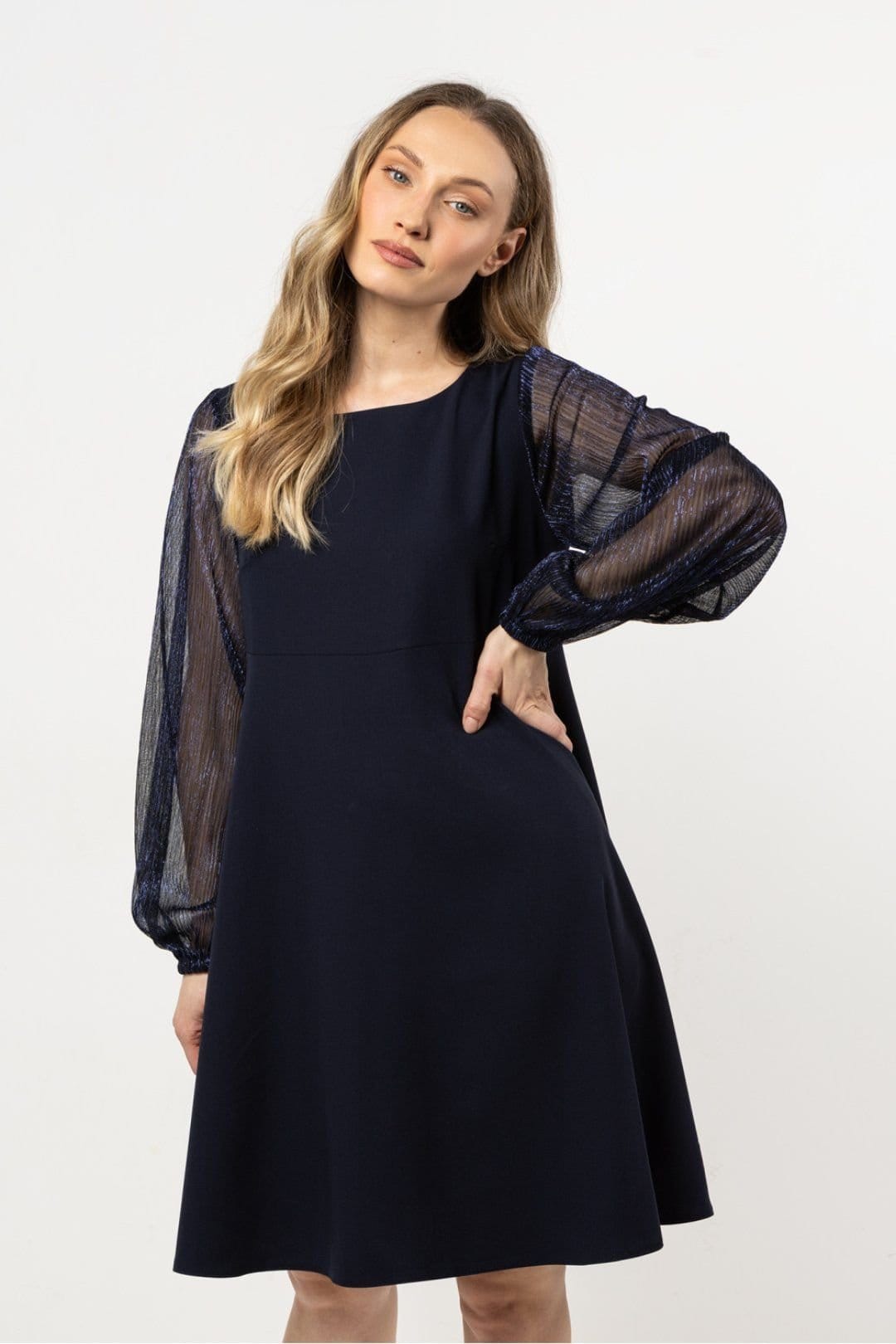 Love Lace Love Lace Women's Classic Evening Trapeze Gown with Tulle Sleeves in Navy - 1