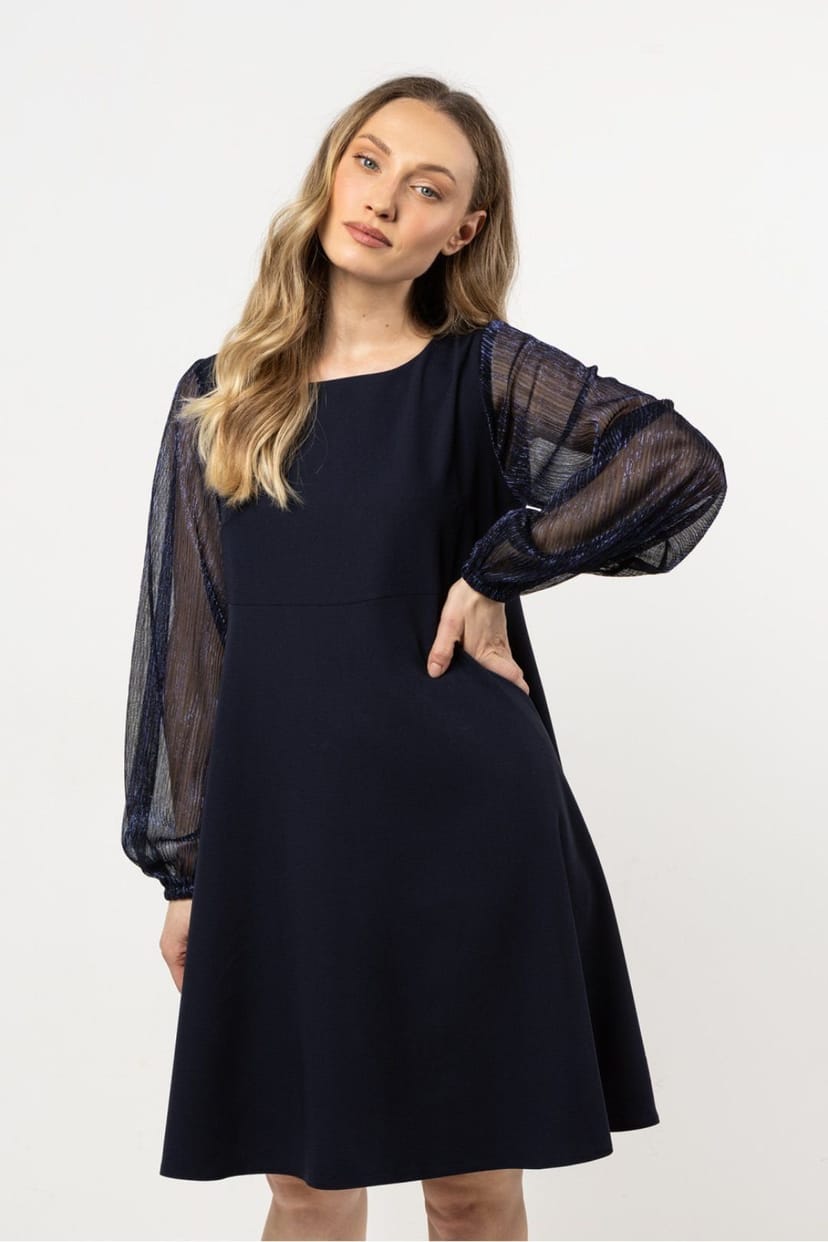 Love Lace Love Lace Women's Classic Evening Trapeze Gown with Tulle Sleeves in Navy - 1