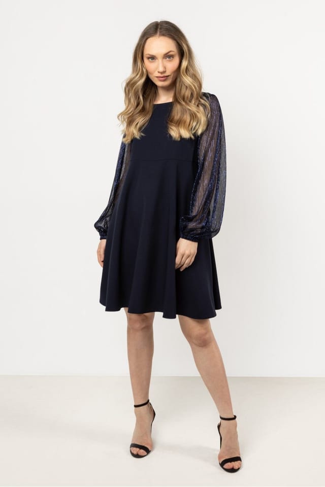 Love Lace Love Lace Women's Classic Evening Trapeze Gown with Tulle Sleeves in Navy - 2