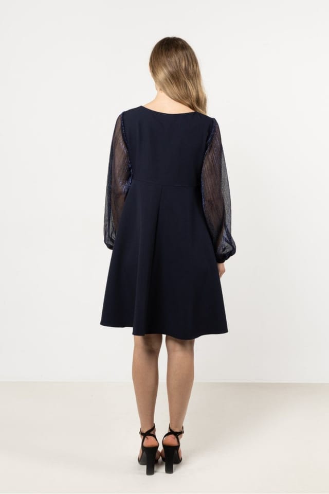 Love Lace Love Lace Women's Classic Evening Trapeze Gown with Tulle Sleeves in Navy - 3