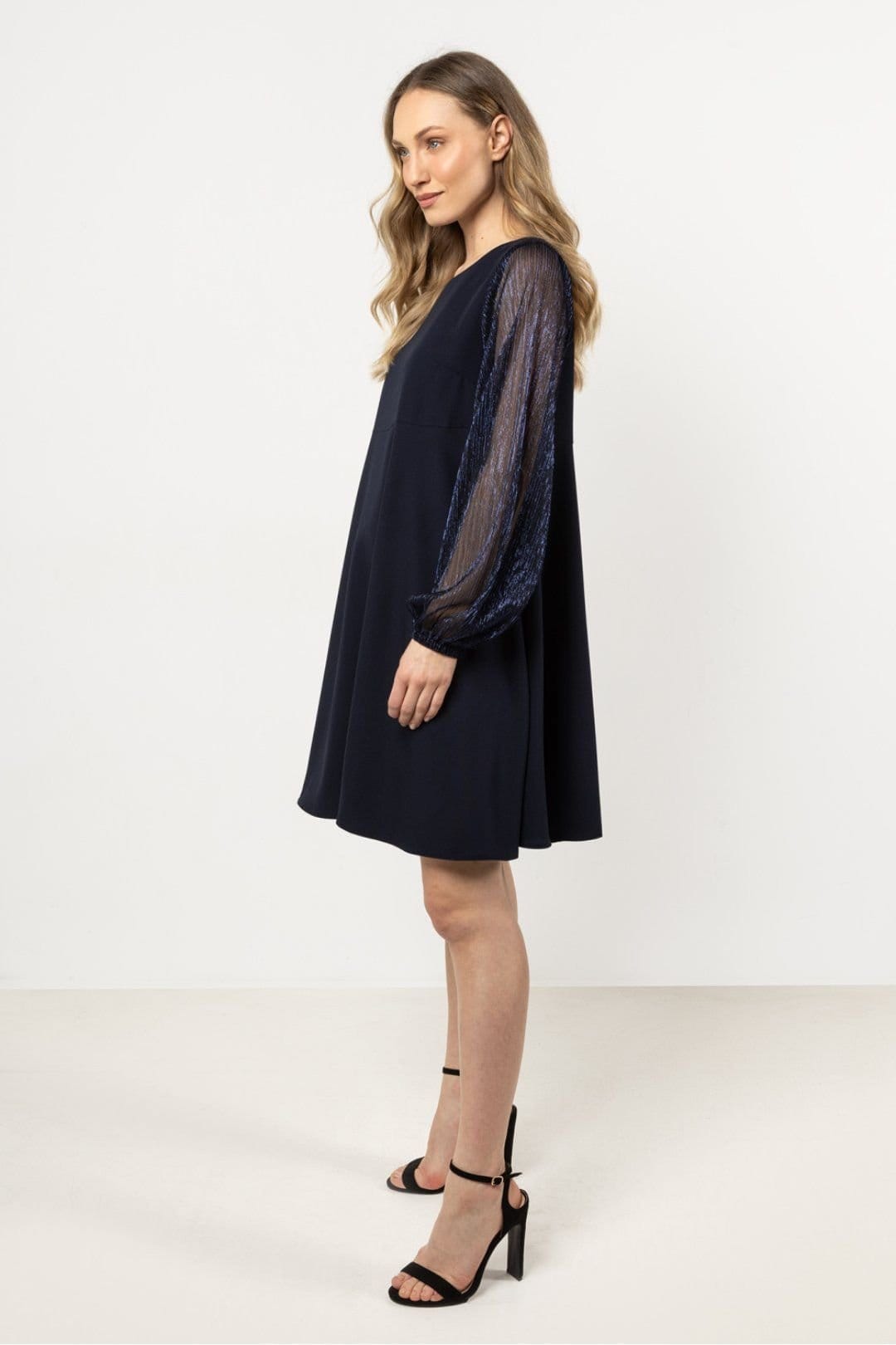 Love Lace Love Lace Women's Classic Evening Trapeze Gown with Tulle Sleeves in Navy - 4