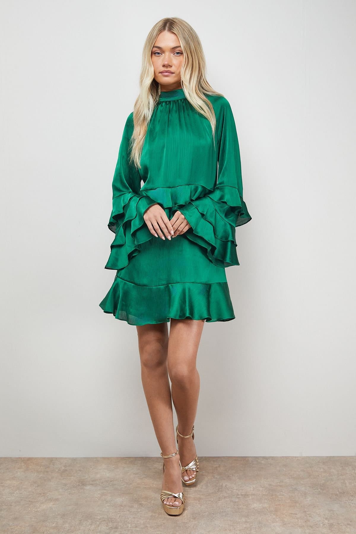 Oasis Oasis Women's Layered Ruffle Sleeve Bow Back Mini Dress in Forest