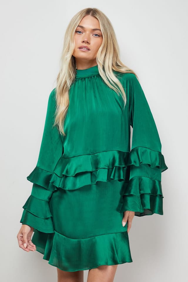 Oasis Oasis Women's Layered Ruffle Sleeve Bow Back Mini Dress in Forest - 2