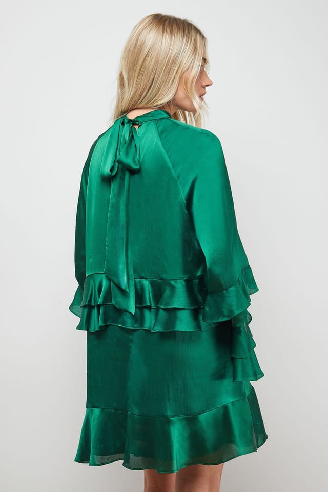 Oasis Oasis Women's Layered Ruffle Sleeve Bow Back Mini Dress in Forest - 3
