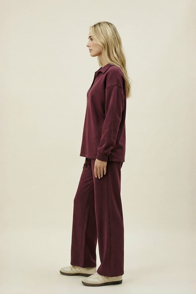 The Night Store The Night Store Women's Burgundy Collar Lounge Trouser Set - 2