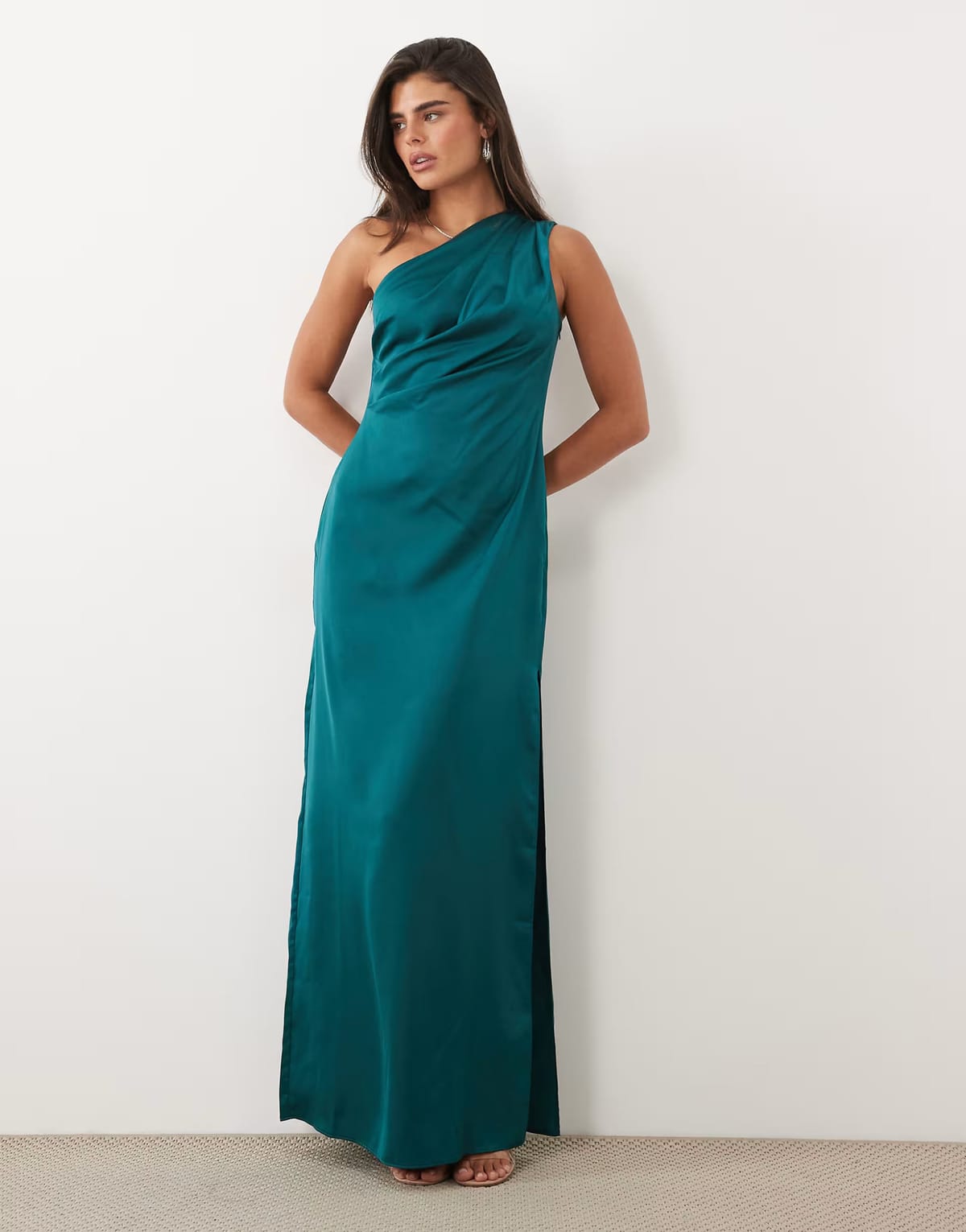 ASOS ASOS DESIGN one shoulder satin maxi dress with pleat detail in teal - 1