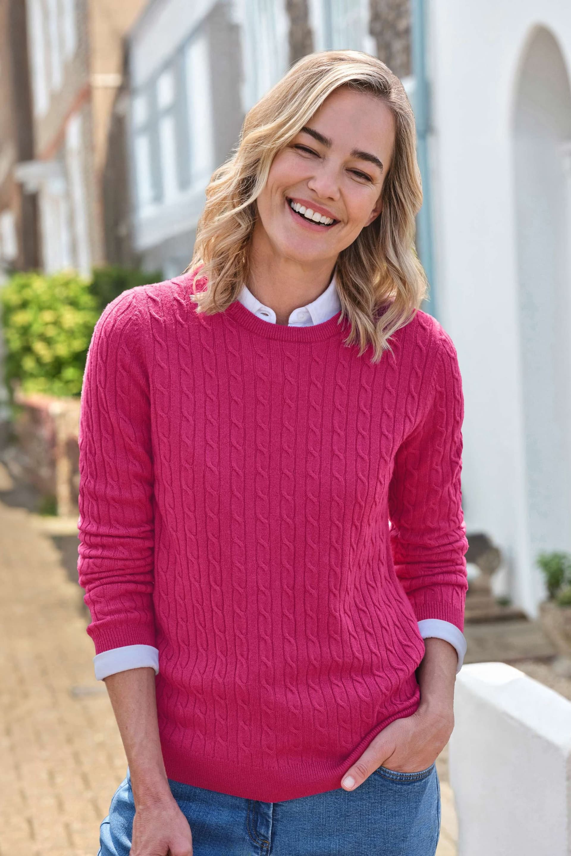 WoolOvers WoolOvers Women's Cashmere Merino Cable Crew Neck Jumper in Pink