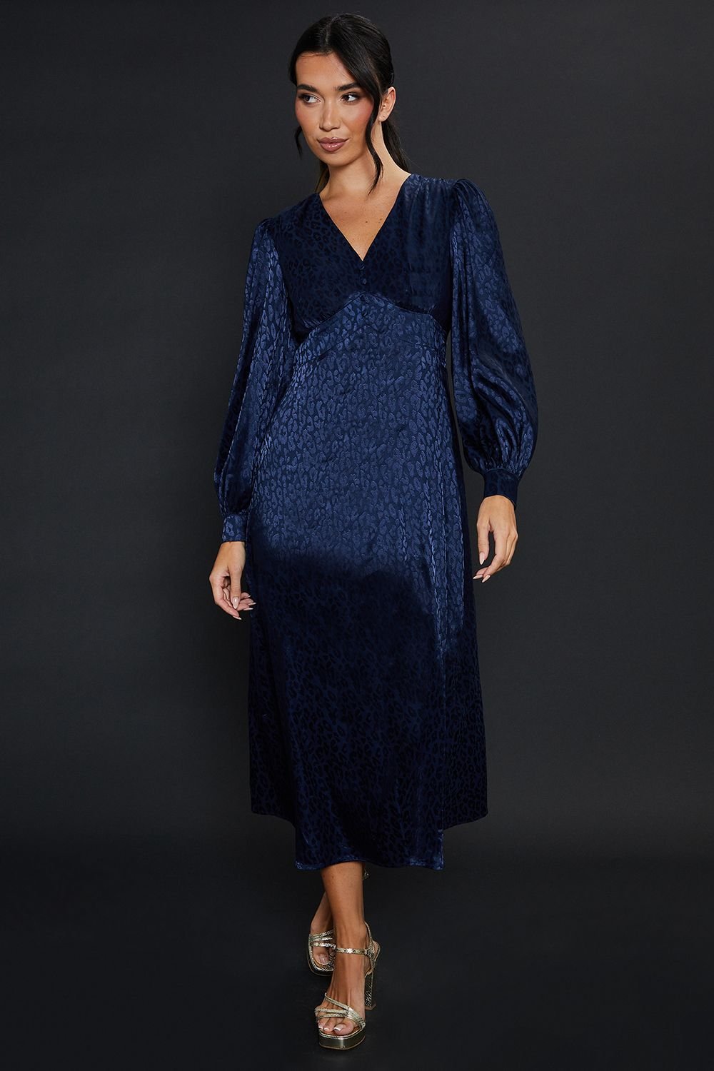 Dorothy Perkins Dorothy Perkins Women's Satin Animal Jacquard Empire Long Sleeve Midi Dress in Navy - 2