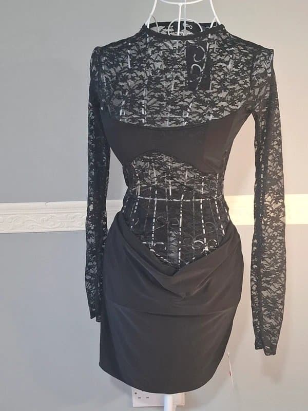 EGO Black lace bodycon dress – ruched fit – sheer sleeves – size S – EGO
