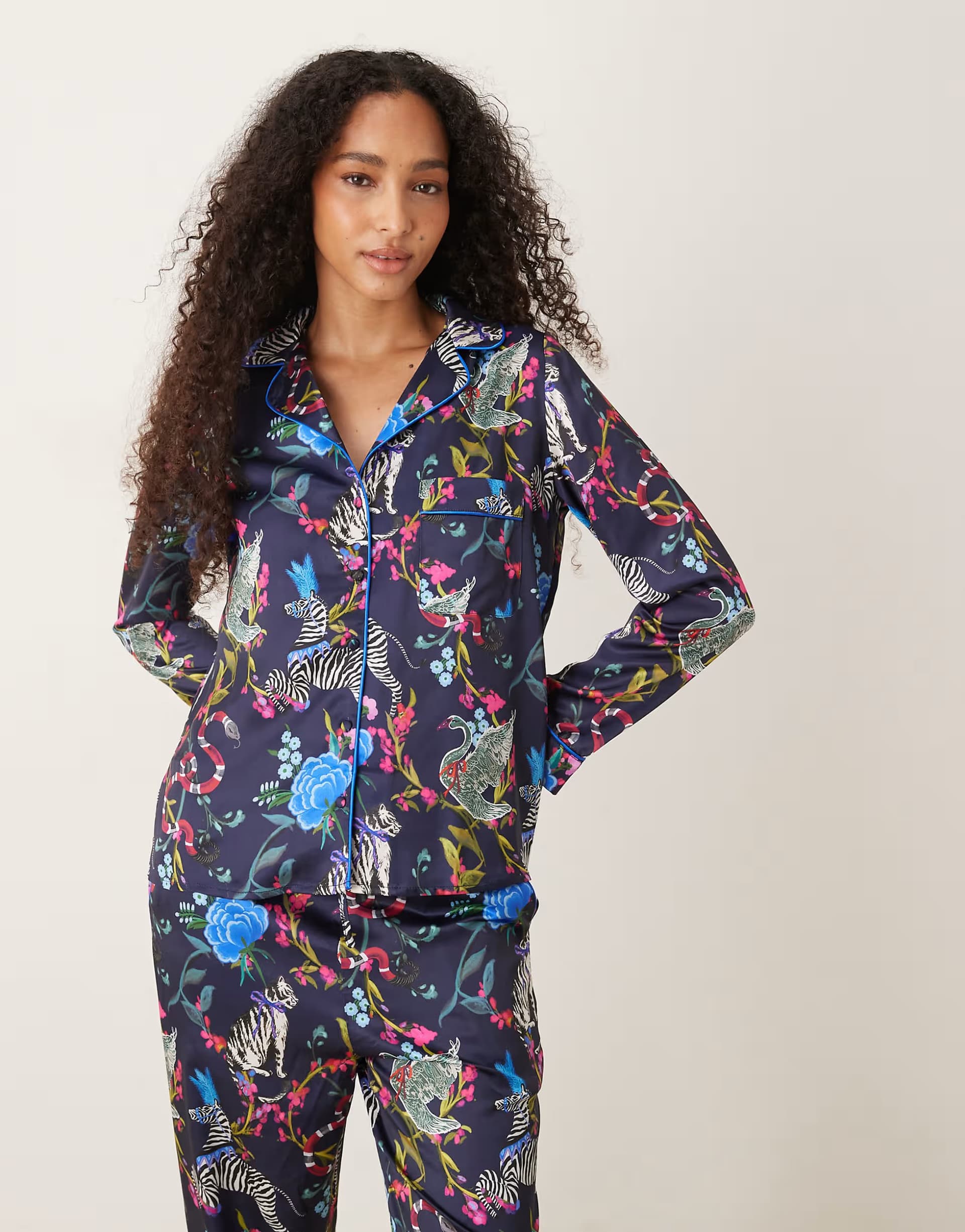 ASOS Hope & Ivy satin pyjama top and trousers set in blue zoo print