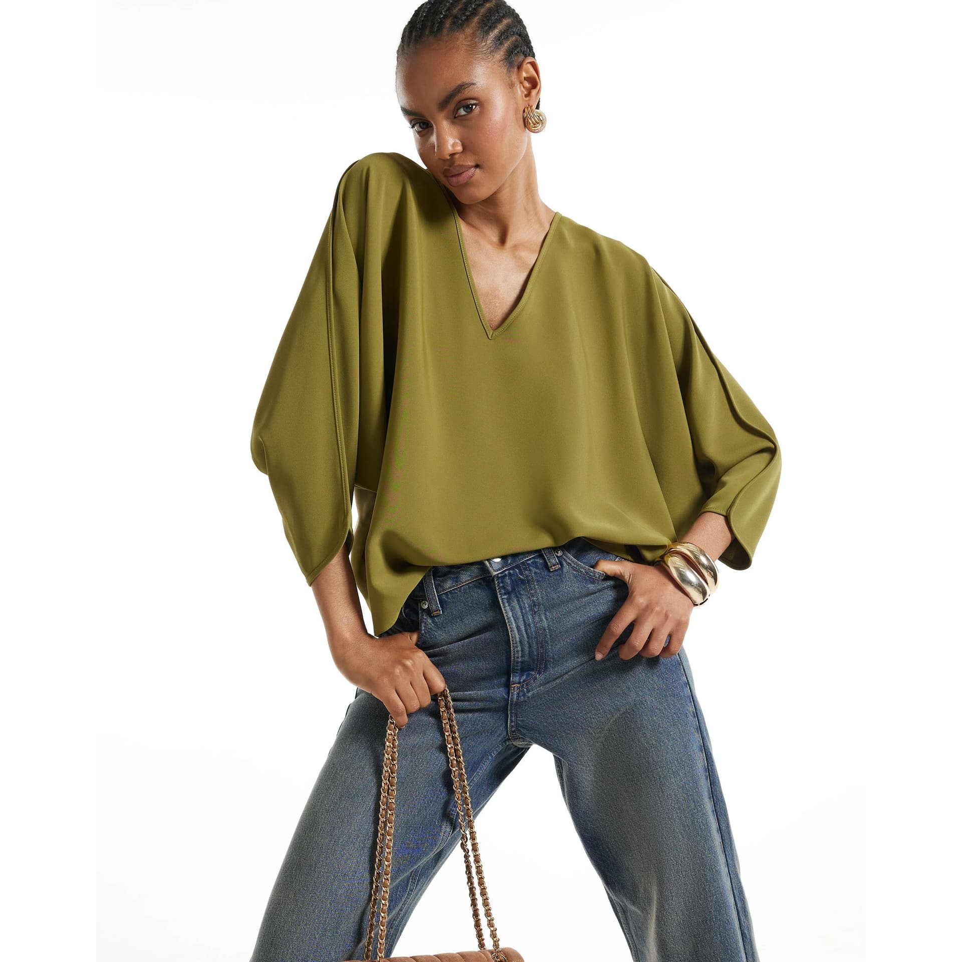 River Island River Island Womens Khaki V Neck Batwing Top