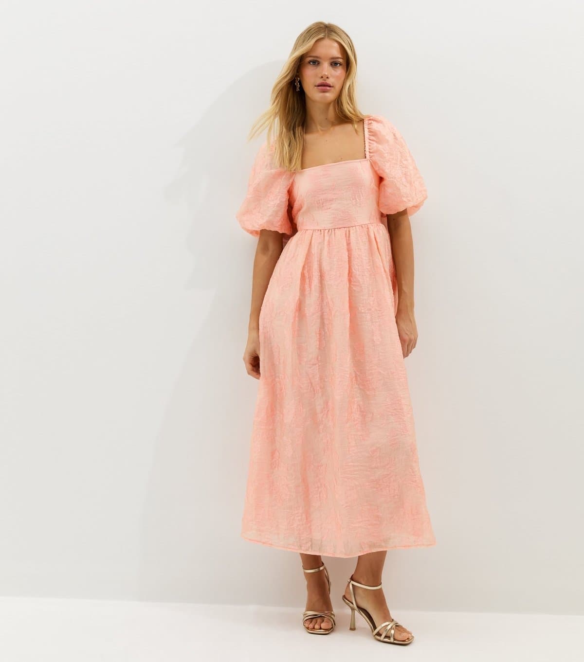 New Look Women's Light Coral Glitter Clipped Milkmaid Midi Dress New Look