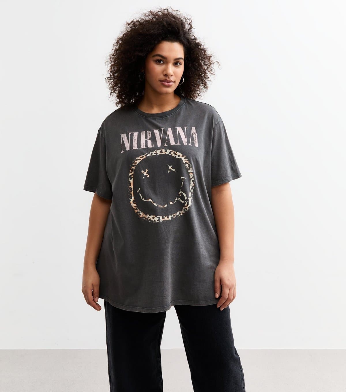 New Look Women's Plus Size Dark Grey Nirvana Leopard Smiley Print T-Shirt Curves New Look