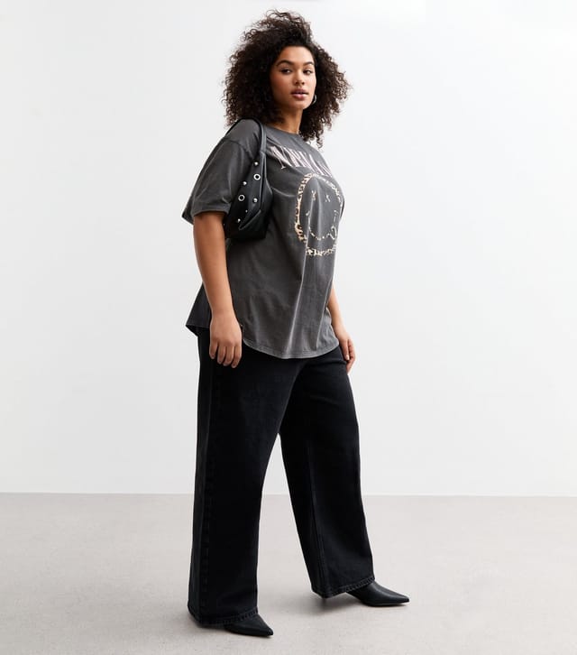 New Look Women's Plus Size Dark Grey Nirvana Leopard Smiley Print T-Shirt Curves New Look - 3