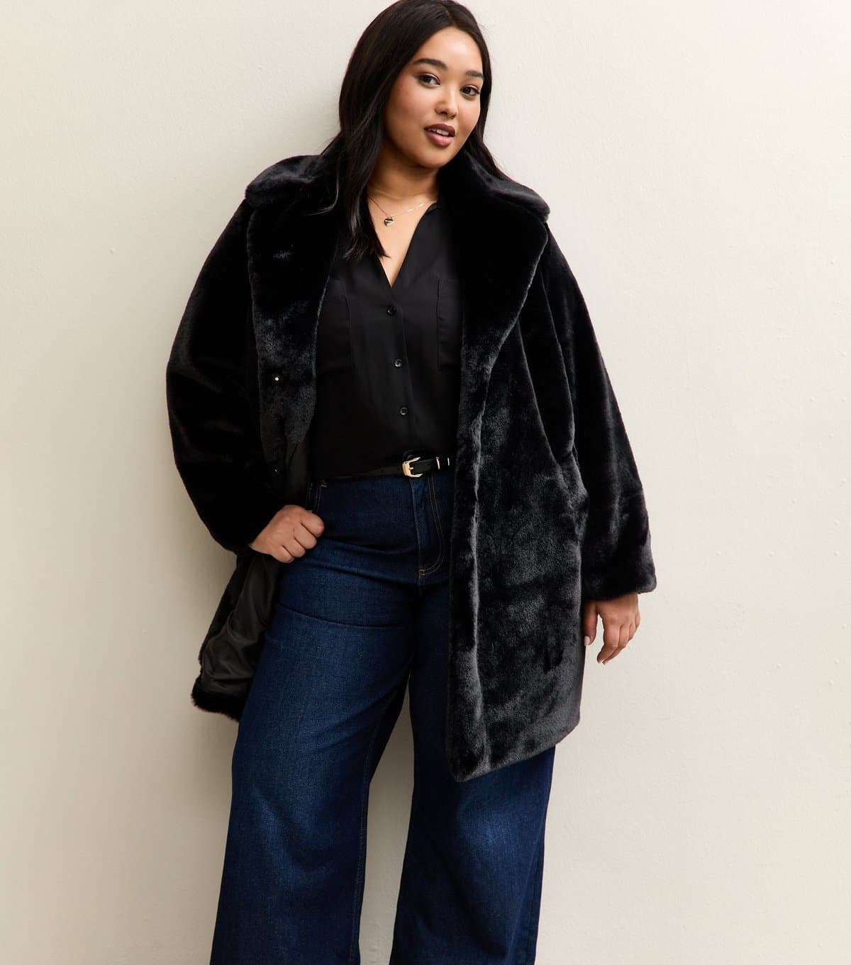 New Look Women's Plus Size Black Faux Fur Midi Coat Curves New Look