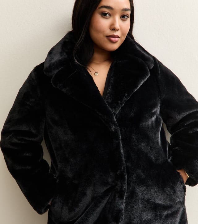 New Look Women's Plus Size Black Faux Fur Midi Coat Curves New Look - 2