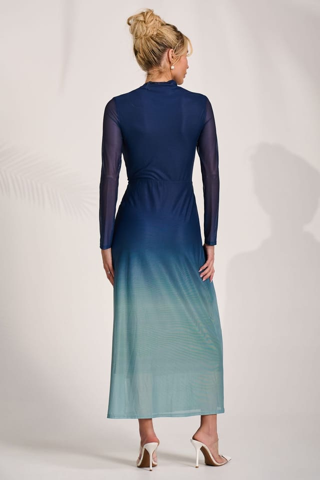 Jolie Moi Jolie Moi Women's Petite Long Sleeve Mesh Maxi Dress in Blue - 2
