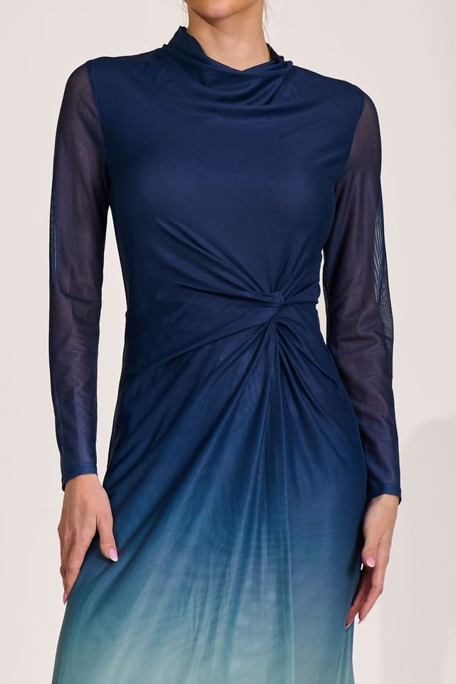 Jolie Moi Jolie Moi Women's Petite Long Sleeve Mesh Maxi Dress in Blue - 3