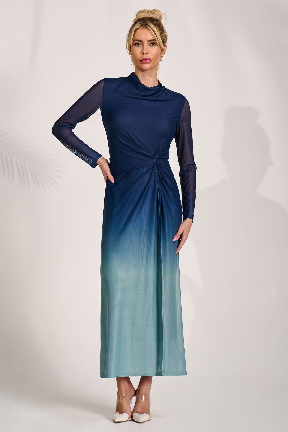 Jolie Moi Jolie Moi Women's Petite Long Sleeve Mesh Maxi Dress in Blue - 4