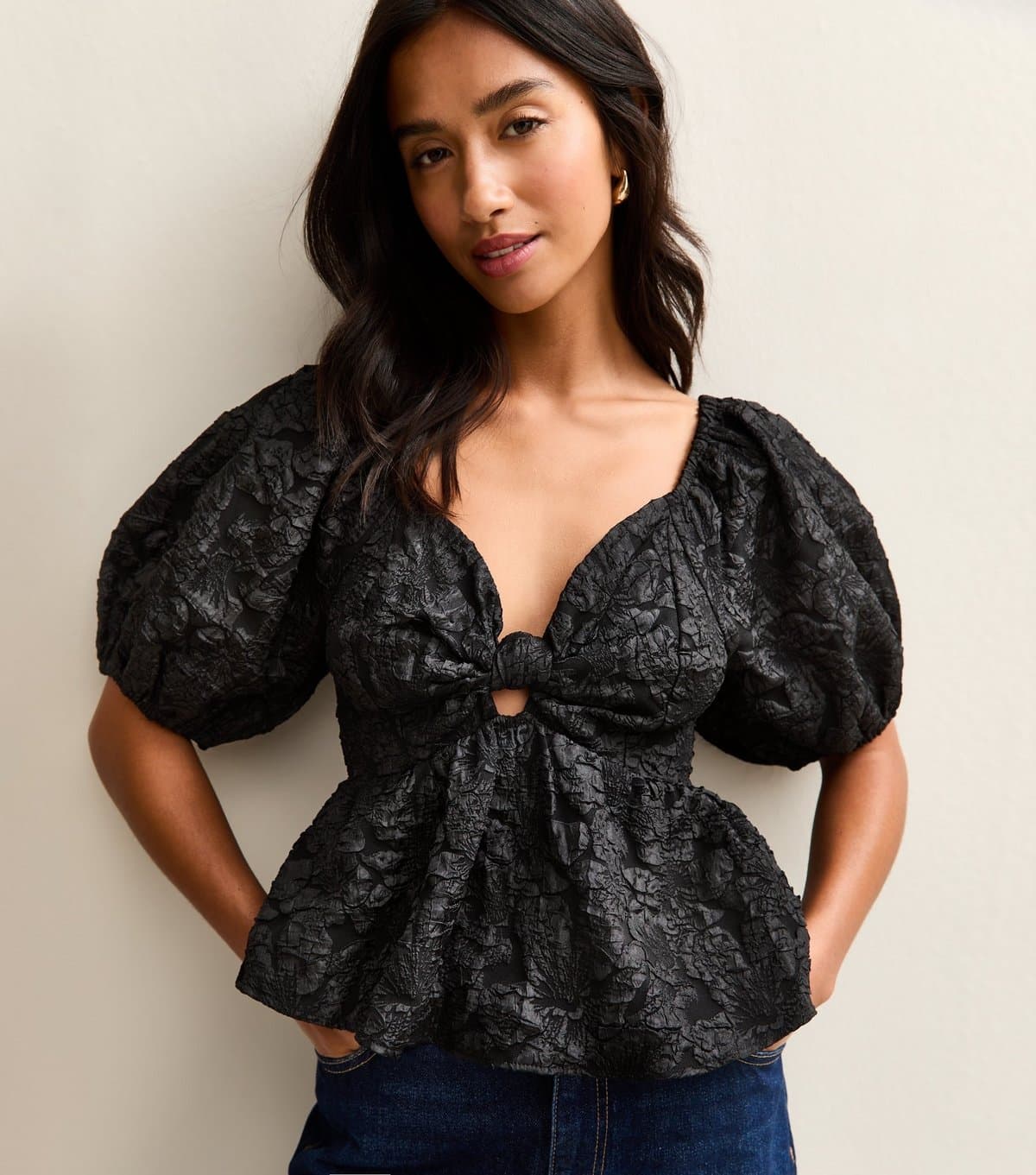 New Look Women's Petite Black Jacquard Twisted Front Puff Sleeve Top New Look