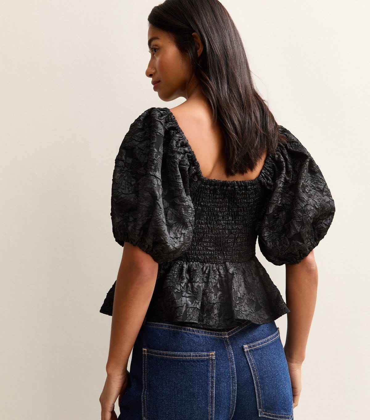 New Look Women's Petite Black Jacquard Twisted Front Puff Sleeve Top New Look - 4