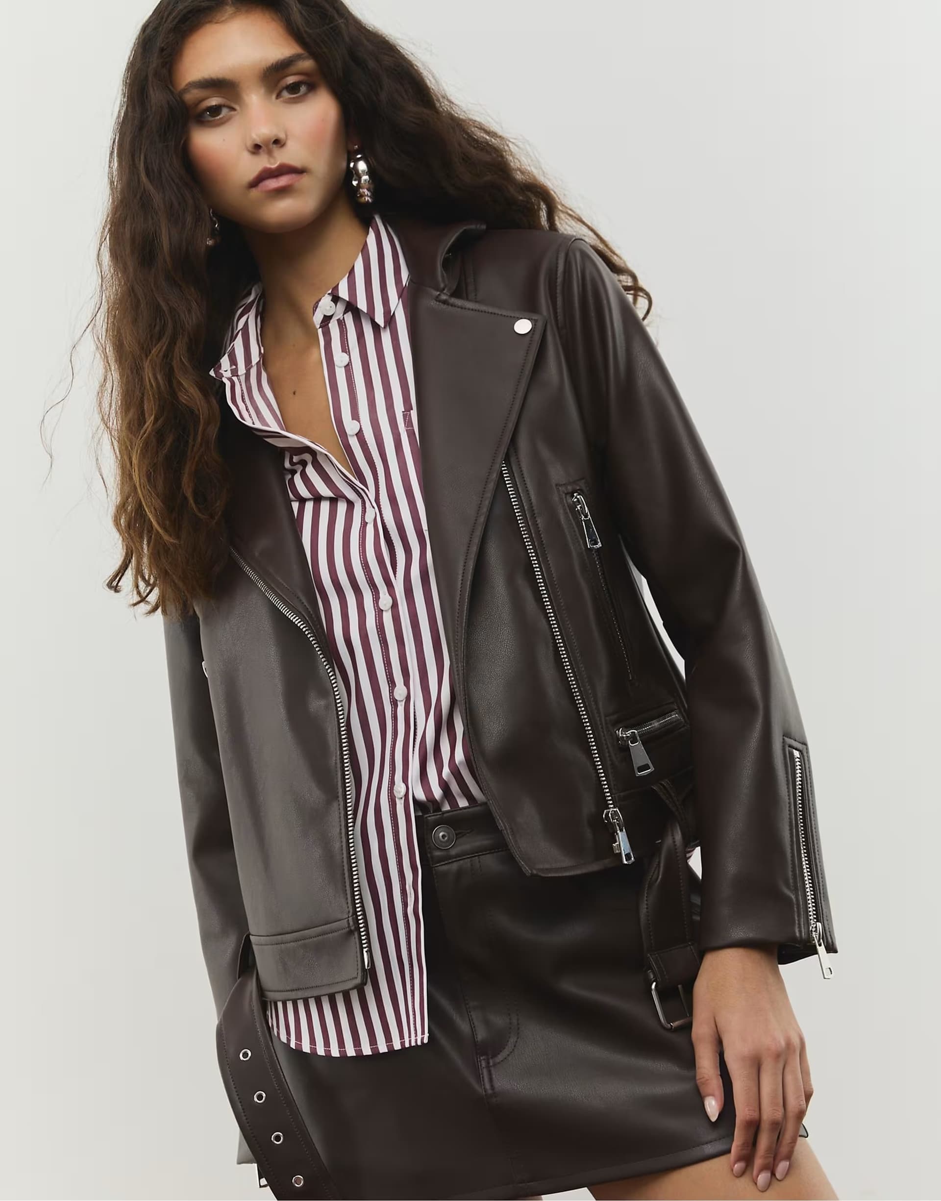 ASOS Stradivarius Faux leather biker jacket in brown