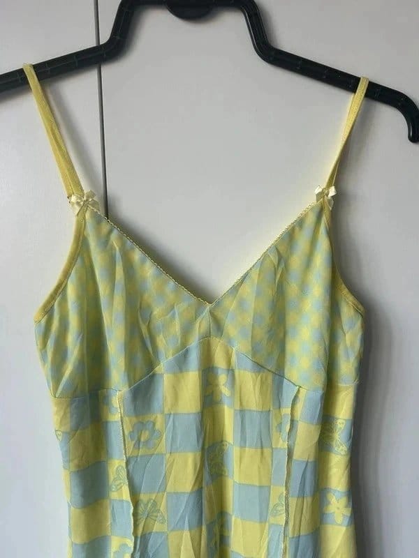 Vintage Forever 21 Y2K Yellow & Blue Check Floral Slip Dress Strappy Mini - 1