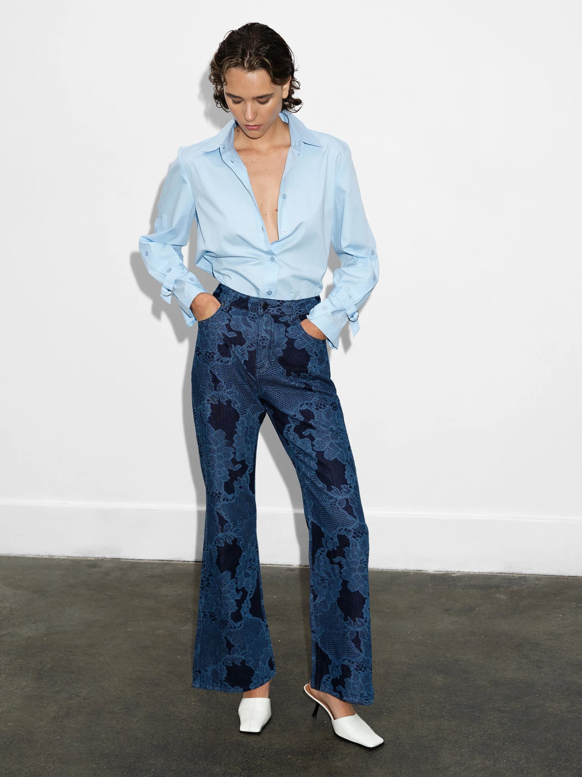 French Connection Jennie Denim Lace Print Flared Jeans Dark Indigo