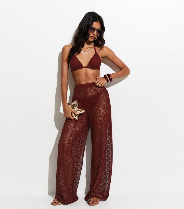 New Look Women's Dark Red Crochet Triangle Bikini Top New Look - 3